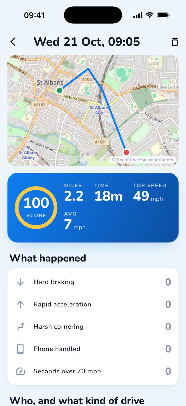 Biting Point single drive with the route, score breakdown and the driver or passenger toggle