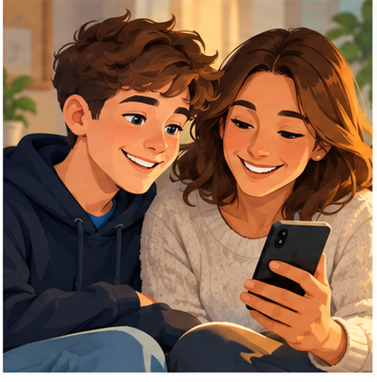 Illustration of two teenagers looking at a phone together
