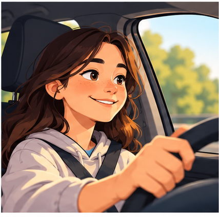 Illustration of a teenage girl at the wheel of a car