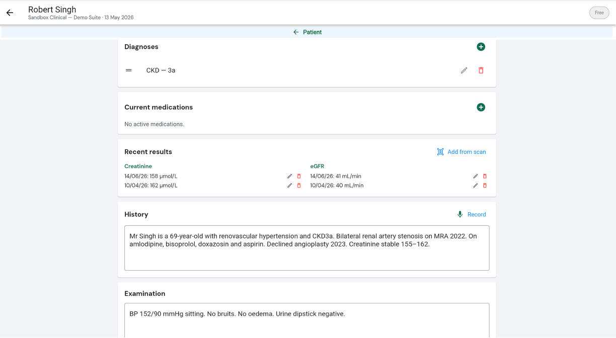Consultation page with AI scribe in Patient Thread