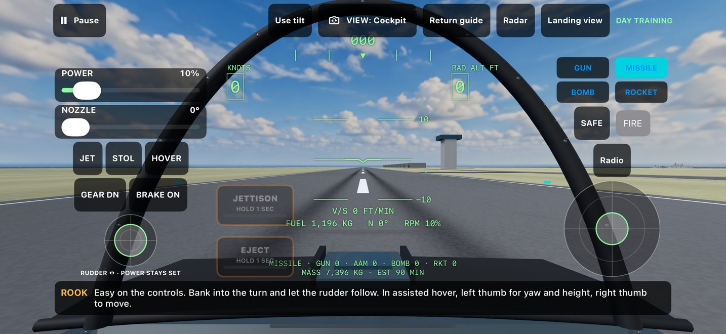 Kestrel on iPhone: the cockpit view on the runway at the start of the first training flight, with power and nozzle sliders, HUD and weapon panel