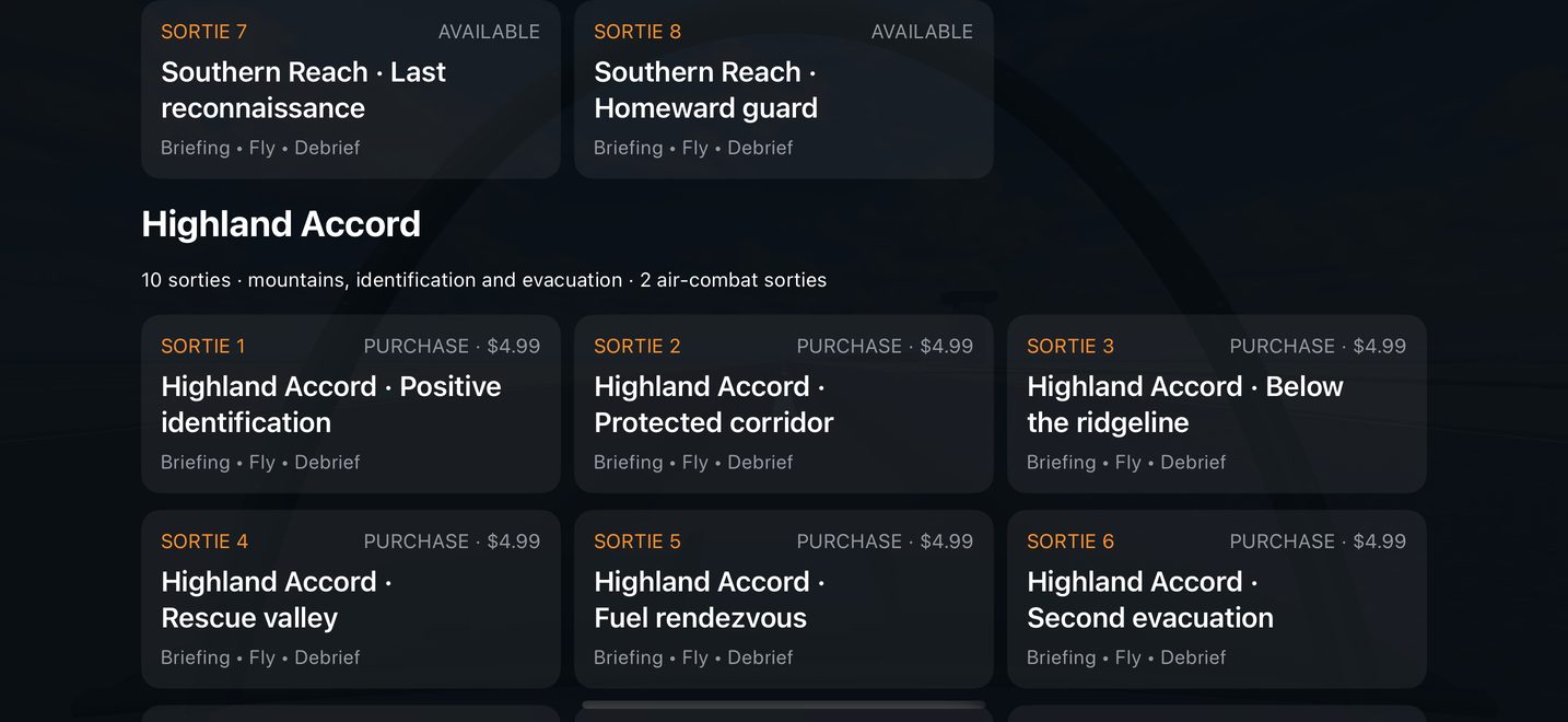 Kestrel on iPhone: the mission grid showing the free Southern Reach sorties and the Highland Accord campaign marked as a purchase