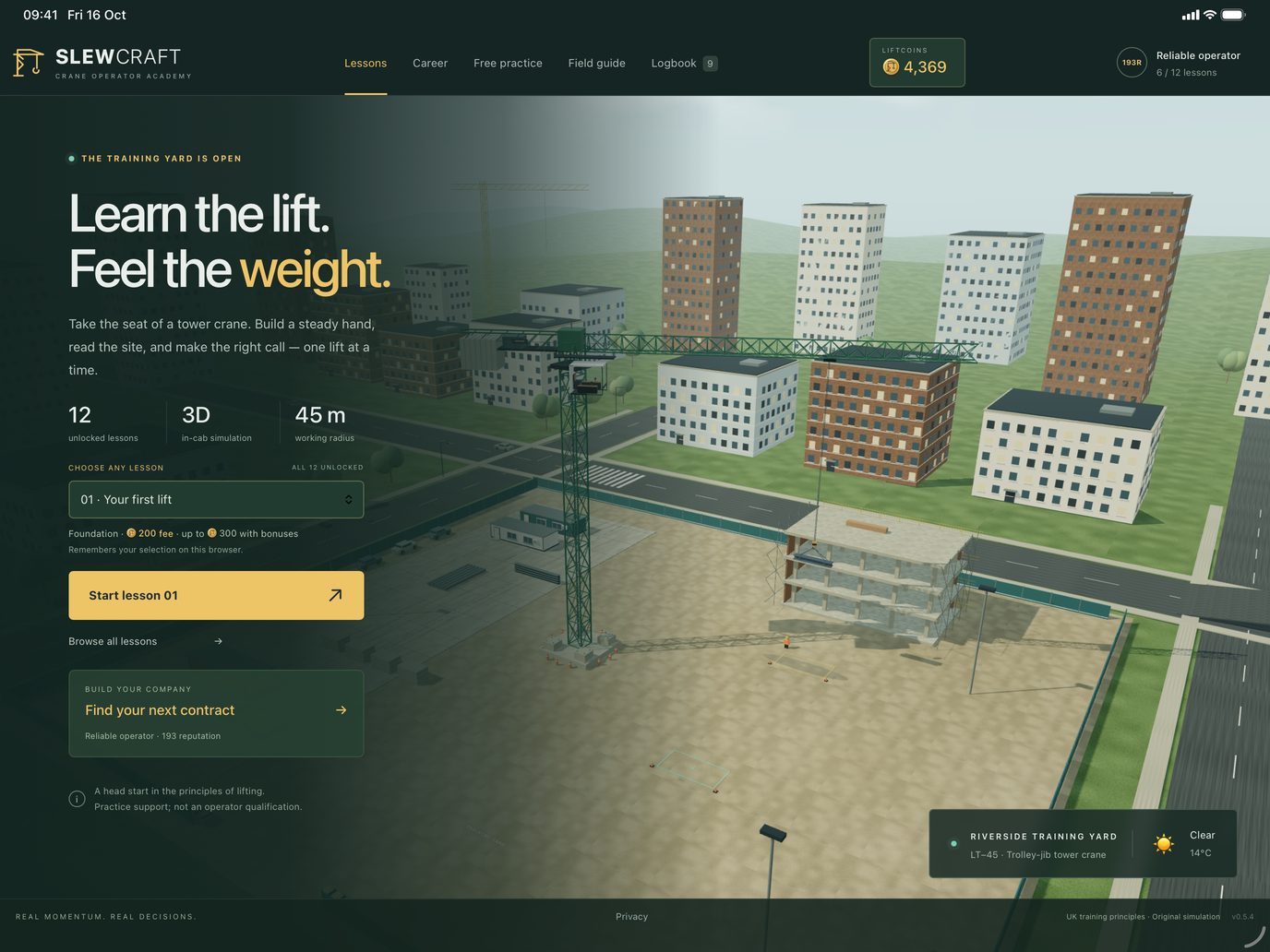 The Riverside training yard home screen on iPad with a forest-green livery crane