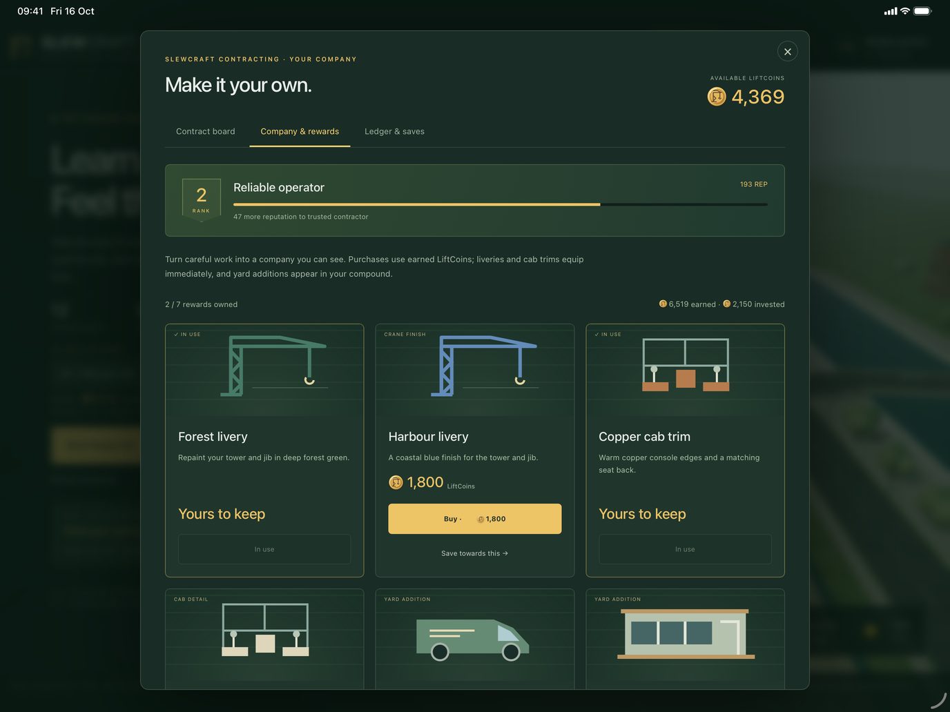 Company and rewards screen on iPad showing liveries, cab trims and yard additions
